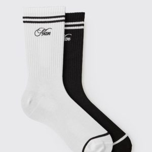 Multi 2 Pack Man Embroidered Stripe Sport Socks