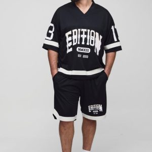 Plus Oversized Varsity V-Neck Mesh T-Shirt & Short Set