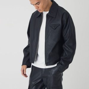 Boxy Textured PU Collared Bomber Jacket In Black