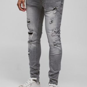 Skinny Stretch Ripped Jeans In Ice Grey Wash
