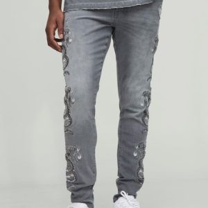 Skinny Fit Snake Embroidery Chain Jeans