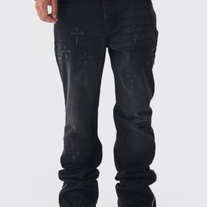 Slim Rigid Flare Washed Denim Cross Applique Jeans