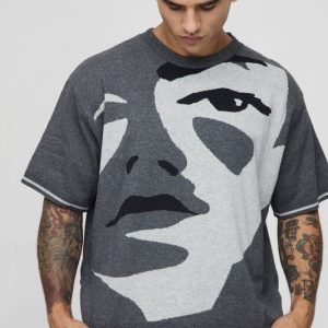 Oversized Boxy Face Jacquard Knitted T-shirt