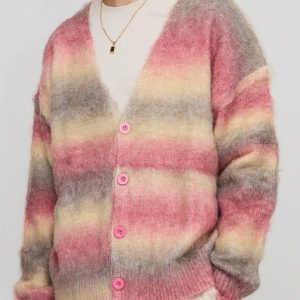 Oversized Boxy Brushed Stripe Knitted Cardigan