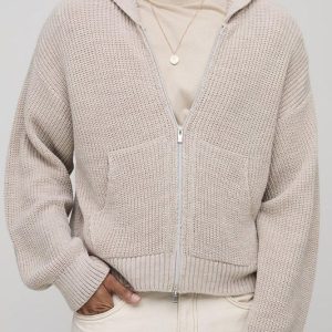 Boxy Fit Ribbed Zip Thru Knitted Hoodie