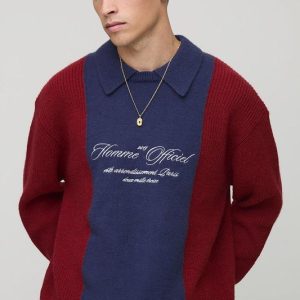 Oversized Embroidered Panel Knitted Polo Jumper