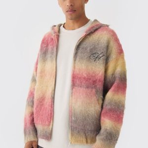 Oversized Boxy OFCL Brushed Ombre Stripe Knitted Zip Through Hoodie