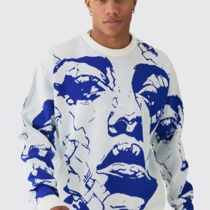 Oversized Boxy Line Face Knitted Sweater