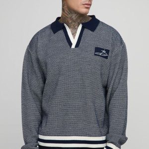 Tall Contrast Edge Open Knit Boxy Oversized Polo Neck Jumper