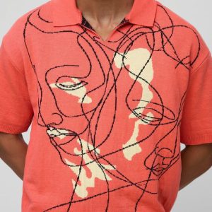 Oversized Boxy Line Face Jacquard Knitted Polo