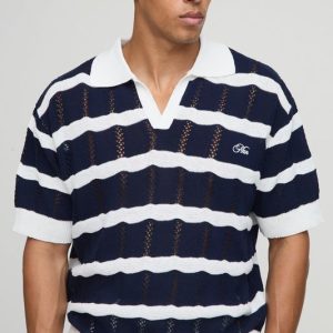 MAN Embroidered Oversized Boxy Herringbone Stripe Knitted Polo