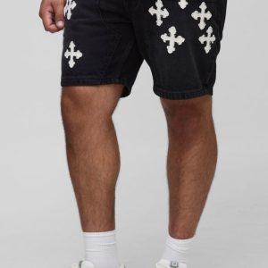Plus Straight Fit Cross Applique Carpenter Jean Shorts