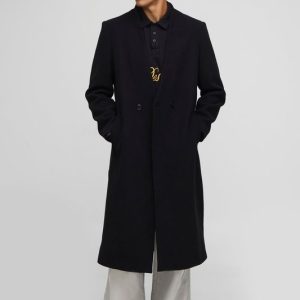 Oversized Longline Double Breasted Collarless Melton Overcoat