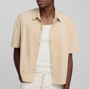 Oversized Boxy Faux Suede Western Collar Tip Shirt