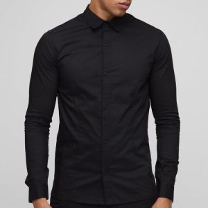 Stretch Fit Basic Long Sleeve Collared Shirt