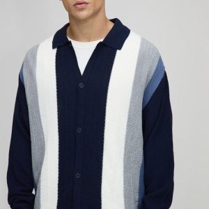 Oversized Boxy Colour Block Knitted Long Sleeve Shirt