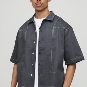 Oversized Half Sleeve Contrast Stitch Collared Shirt