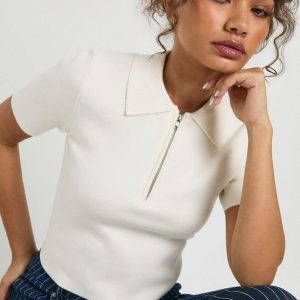 Compact Knit Zip Neck Short Sleeve Top