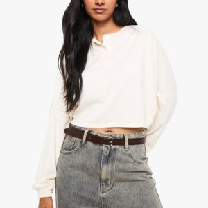 Brushed Mini Rib Henley Button Long Sleeve Slouchy Top