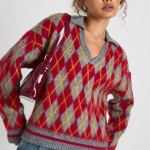 Soft Knit Oversized Argyle Collared Jumper