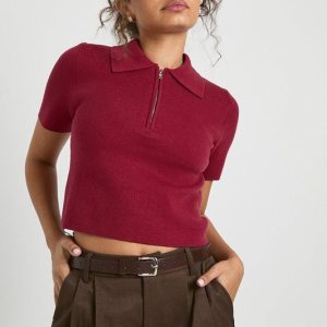 Compact Knit Zip Neck Short Sleeve Top