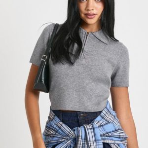 Compact Knit Zip Neck Short Sleeve Top