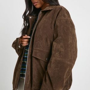 Oversized Faux Suede Bomber Jacket