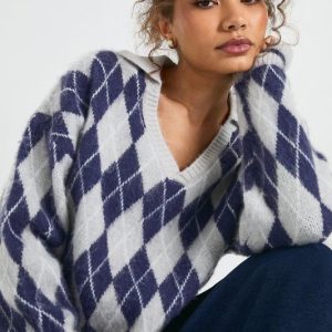 Soft Knit Oversized Argyle Collared Jumper