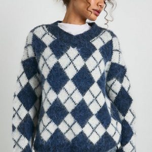 Premium Super Soft Brushed Knit V Neck Argyle Oversized Jumper