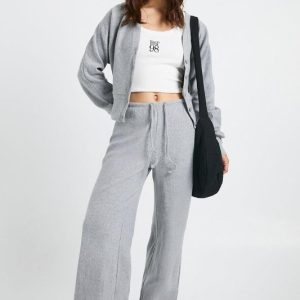 Brushed Rib Minimal Waistband Wide Leg Trouser