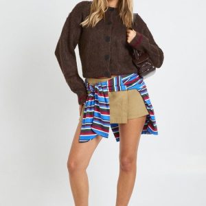 Contrast Hem Detail High Neck Knitted Cardigan