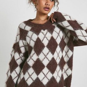 Premium Super Soft Brushed Knit V Neck Argyle Oversized Jumper