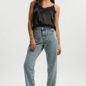 Basic High Waist Split Hem Straight Leg Jean