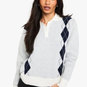 Argyle Soft Knit Button Down Jumper