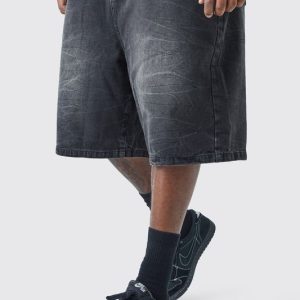 Plus Baggy Denim Jorts In Washed Black