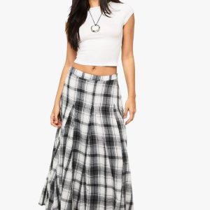 Check Print Godet Maxi Skirt