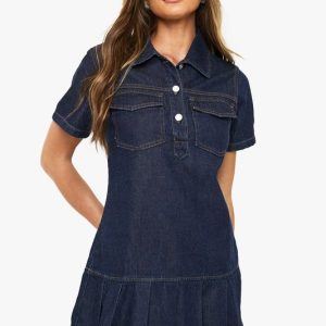 Pleated Denim Dress