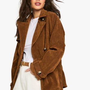 Suede Look Short Belted Trench Coat
