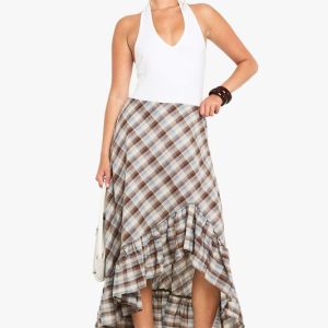 Check Ruffle Asym Midi Skirt