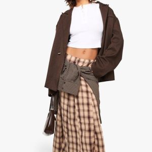 Check Pleated Maxi Skirt