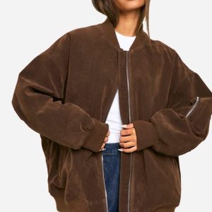 Vintage Suede Look Oversized Bomber Jacket