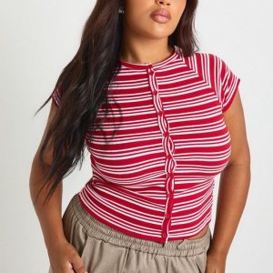 Plus Button Down Stripe Cap Sleeve Top