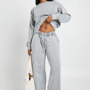 Washed Ribbed Detail Straight Leg Tracksuit