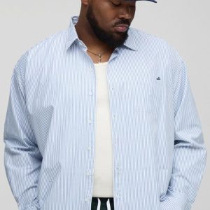 Plus Stripe Oversized Long Sleeve Embroidered Shirt