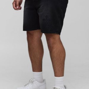 Plus Slim Fit Washed Cross Embroidered Jean Shorts