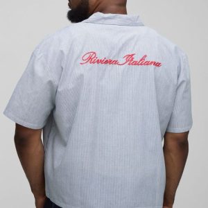 Plus Oversized Boxy Revere Stripe Embroidered Shirt