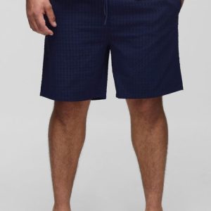 Plus Seersucker Plaid Long Length Swim Trunks