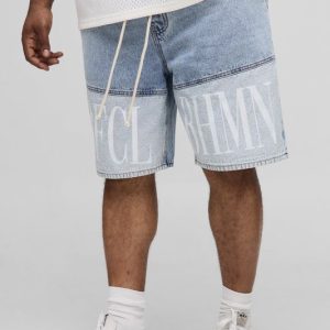 Plus  Relaxed Fit Printed Colour Block Drawcord Denim Shorts