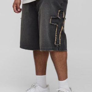 Plus Regular Fit Cross Applique Washed Black Jorts