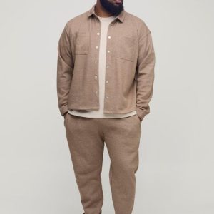 Plus Textured Over Shirt & Tapered Pants Set